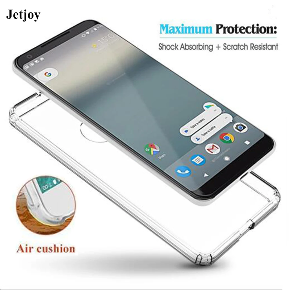 JETJOY Ttransparent Simple Generous Black Case For Google Pixel 2 XL Four Corner Air Cushion Shock Absorption |