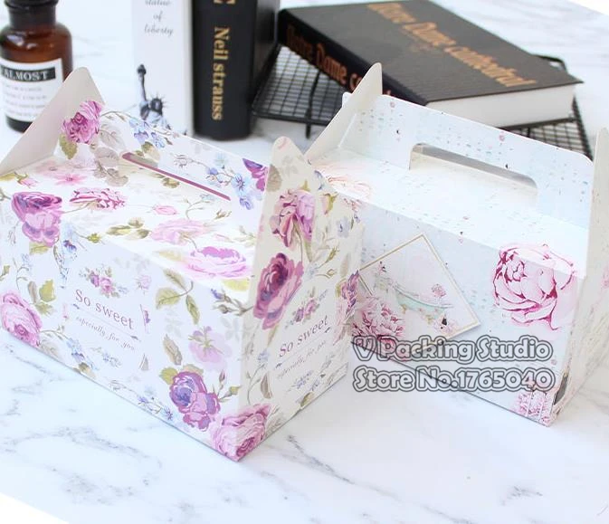 Purple flower Cake box with handle, Cheese cake box,paper boxes for cakes paper cupcake boxes with handle. 100pcs/lot