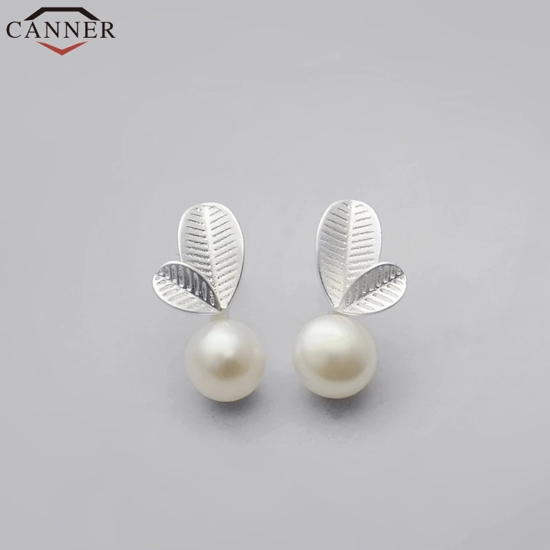 CANNER Lovely Exquisite 925 Sterling Silver Earrings Korean Leaf Earrings Pearl Stud Earrings for Women Jewellery oorbellen FF