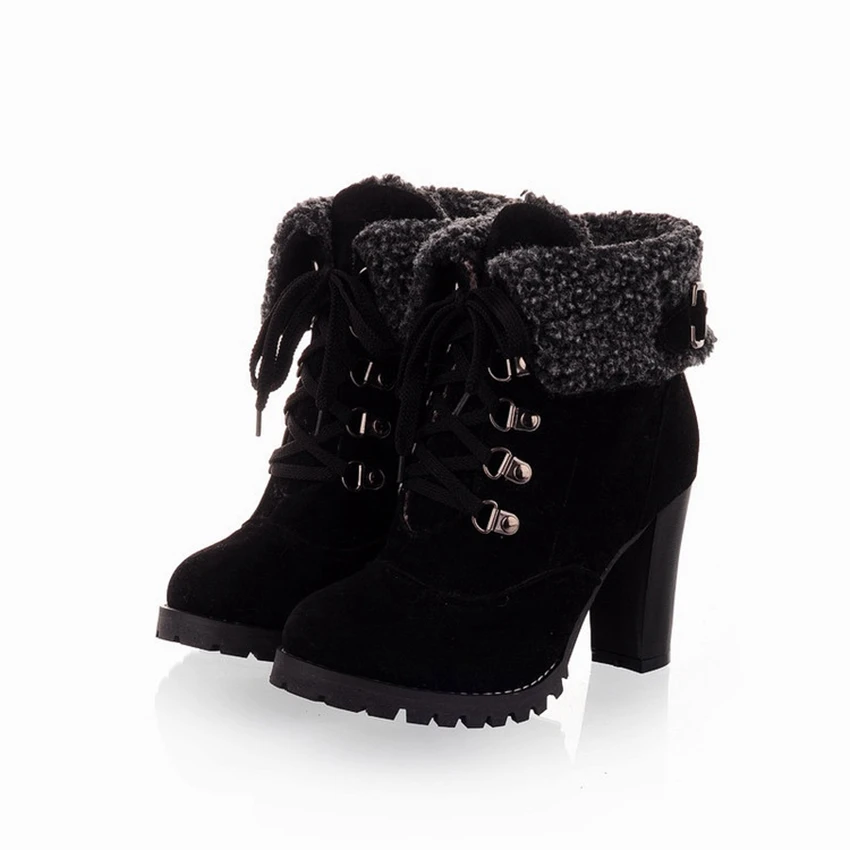 Women Winter Ankle Boots Chunky High Heels Short Boots Plus Size Lace