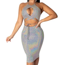 Sexy Sleeveless Open Back Reflective Dress Fashion Hollow Out Off Shoulder Bodycon Bandage Dress Women Summer Bling Party Dress khaki hollow design off shoulder bodycon party dress