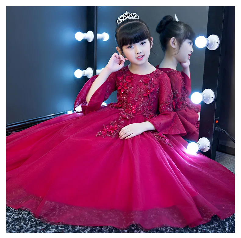 Г. Осенние платья с цветочным узором для девочек на свадьбу; Красное Кружевное торжественное платье для девочек на День рождения; детское длинное платье принцессы; Vestido
