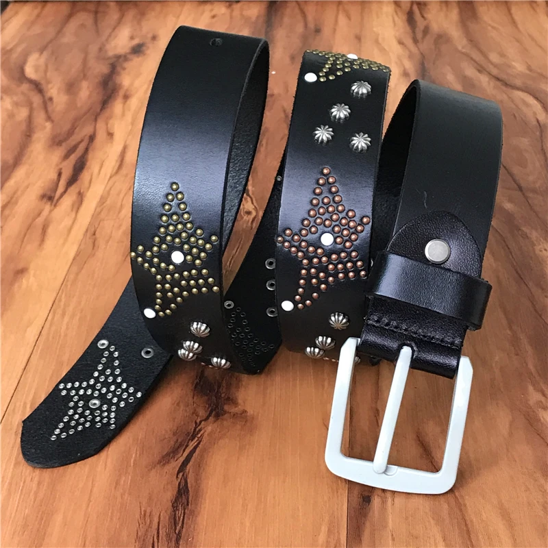 Vintage Rivet Belt Genuine Leather Belts For Women Cowboy jeans Men Belt Ceinture Homme Punk