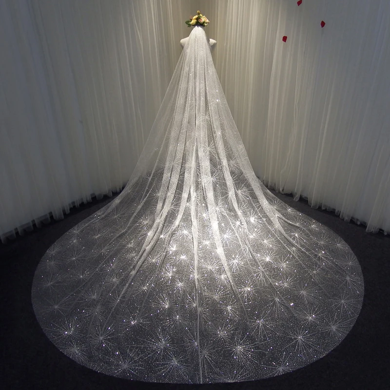 

White Wedding Veil 2019 Luxury Sequined Elegant Gloden One Layer Bridal Veil Wedding Accessories Lace with Comb.3.5m*3m