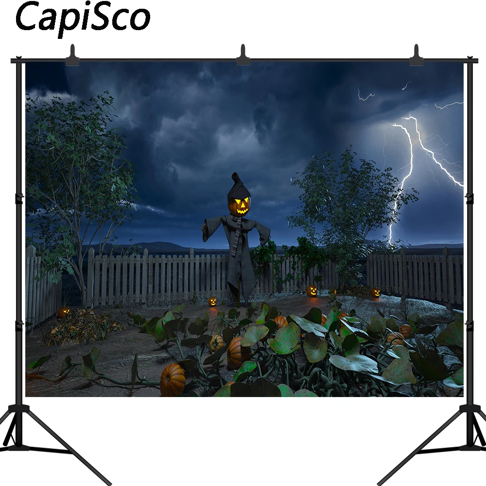 

Capisco backdrop for photographic studio horror scarecrows pumpkin dark field thunderbolt background Halloween photobooth