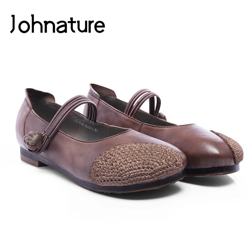 

Johnature 2019 New Spring/Autumn Genuine Leather Loafers Buckle Strap Casual Round Toe Elastic Band Shallow Flower Women Shoes