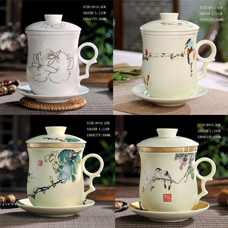 

350ML Blue and White Porcelain Vintage Floral Pattern Ceramic Master Teacup with Filter Cover Chinese Kung Fu Tea Milk Mug Gifts