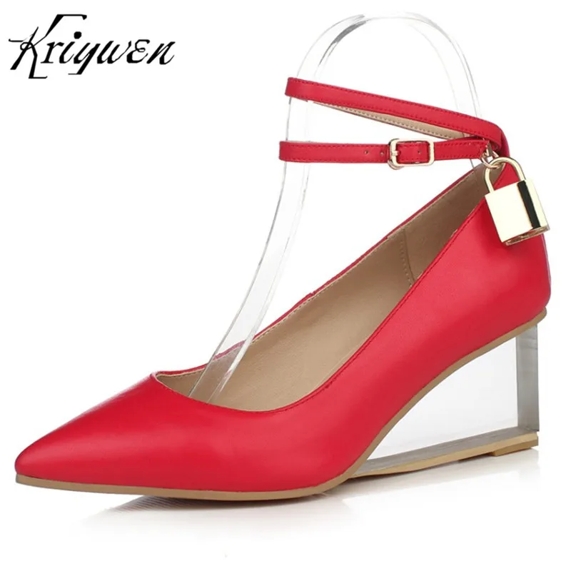 

Plus Size 33-43 Newest Woman Shoes 100% Genuine Leather Femmes Wedges Lady Pumps Crystal Heel Buckle Strap Fashion Zapatos Mujer