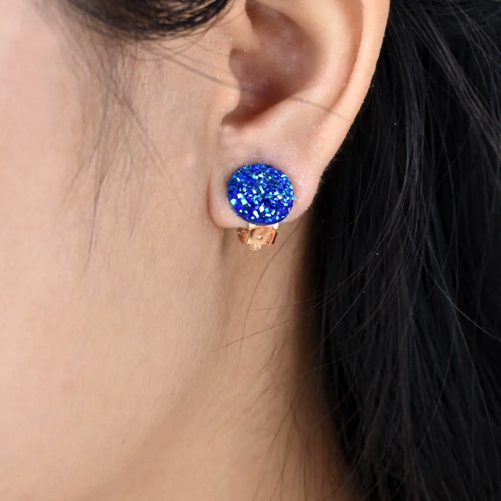 Gold Color Ear Clip Earrings For Women Jewelry Blue White Round Resin Cuff Earring Without Piercing Druzy Earings ear clip earrings,clip earrings,ear clip