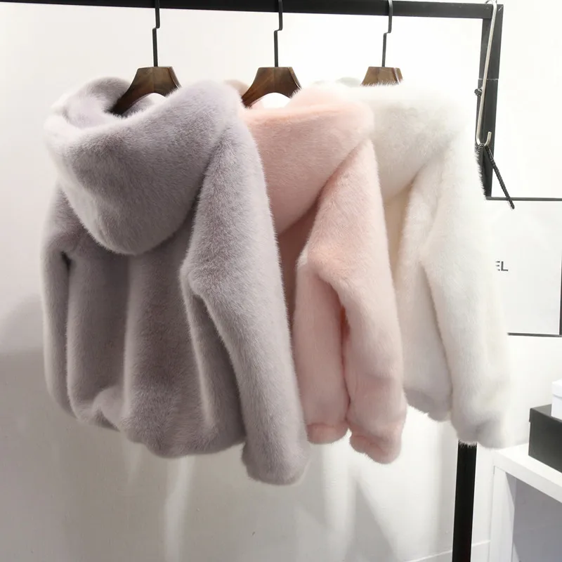 Plus Size 5XL 6XL Winter Casual Women Faux Fur Coat Hooded Pink Fur Coats Mink Fur Jacket Women Furry Hooded Coat