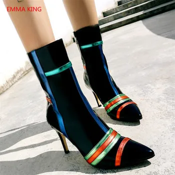 

2018 Fashion Mixed Color Chelsea Boots Pointed Toe Sexy Women's High Heels Shoes Luxury Leather Women Ankle Booots Winter Shoes
