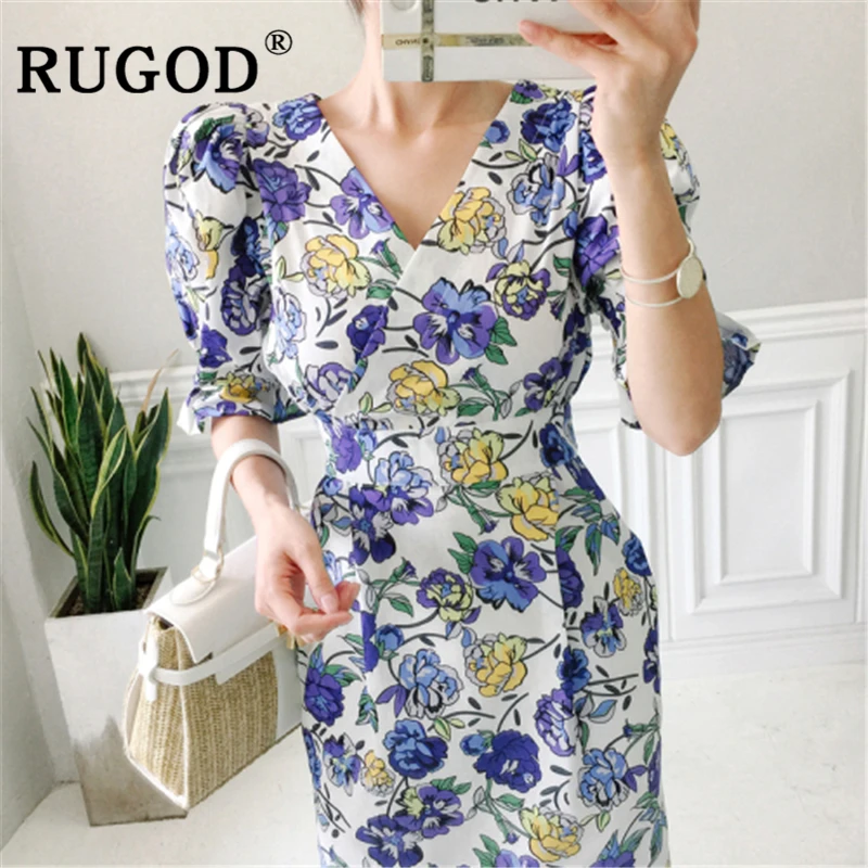 

RUGOD Summer Flower Printed Long Dress Women Korean Flare Sleeve V Neck Office Ladies Dresses Vestidos Elegant Slim Party Dress