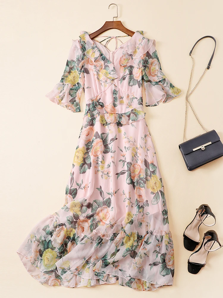 Chic women's V neck Chiffon dress Summer brand new design floral print ruffles dress A525