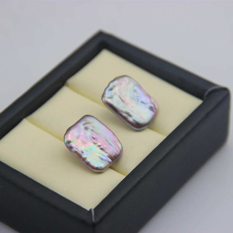 

15-20mm Square Baroque Pearl Earrings Keshi Pearl Stud Earrings Purple Color Pearl Jewelry 2Pairs/Lot