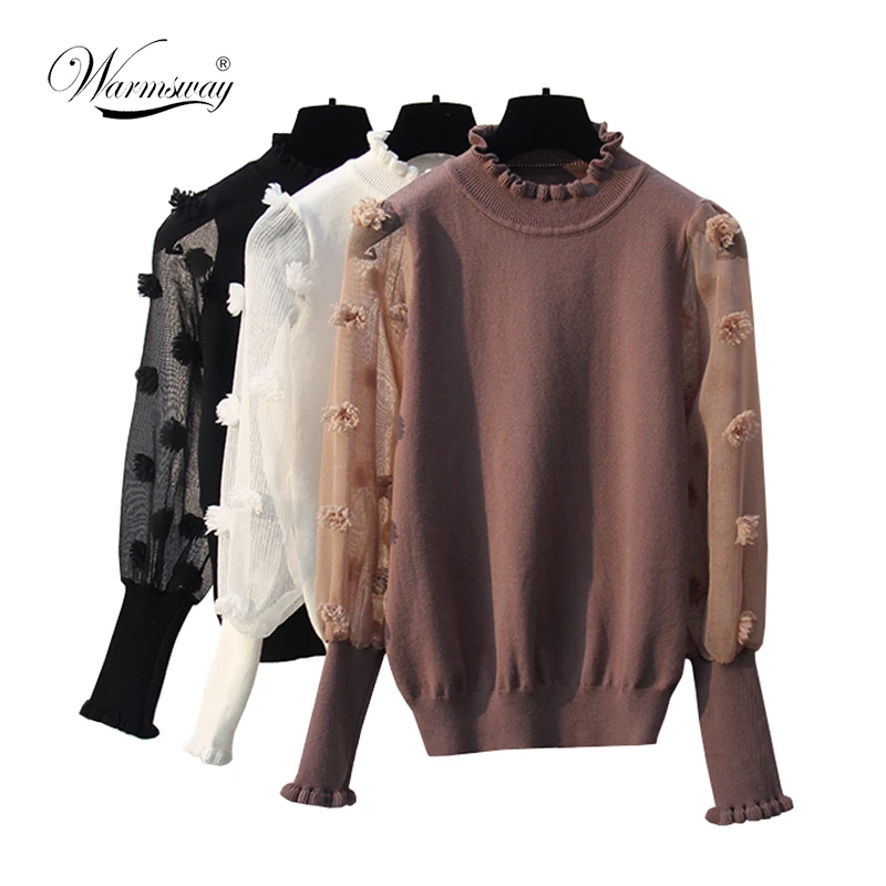 WARMSWAY 2018 The Hottest See-Through Sleeve Frill Knit Top ruffles Sweater Women long Sleeve high-neck knitted Pullovers B-072