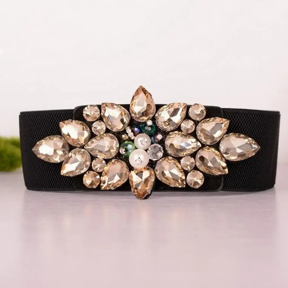 New Crystal Elastic Belt Waist Waistband Women Stretch Wide Flower Buckle