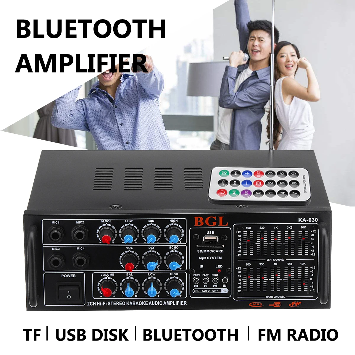 

KA-630 12V 220V 2CH EQ Bluetooth Stereo Power Amplifier Music Player Car Amplifiers Home Theater Amplifiers Audio 200W
