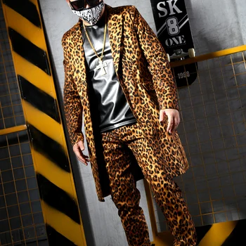 

2019 new singer stage costume European and American personality men's leopard medium long suit hair stylist fashion casual suit