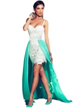 Sexy Frauen formal homecoming schatz-cocktailkleider Schultergurt Kontrast partei Lange Zug Accent Spitze Appliqued Kleid 60518 Mt L