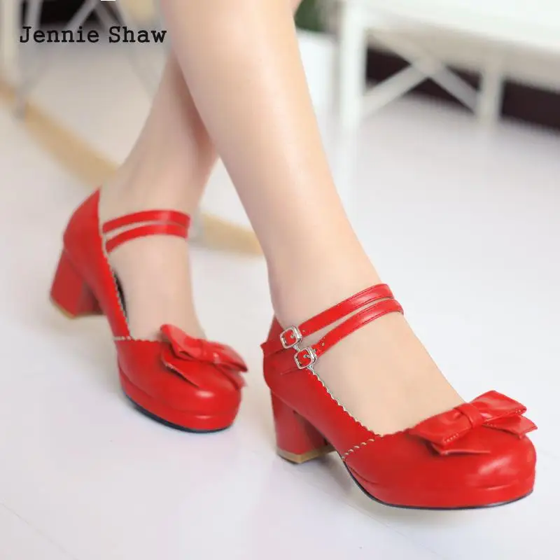Туфли Лолиты на среднем каблуке с милым бантом; цвет красный, черный; модельные туфли для костюмированной вечеринки; Sys-1682