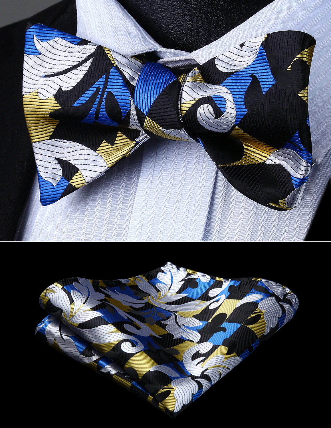 Men Woven Party Wedding Blue White Geometric Self Bow Tie Pocket Square SetBG806WS Bow Tie