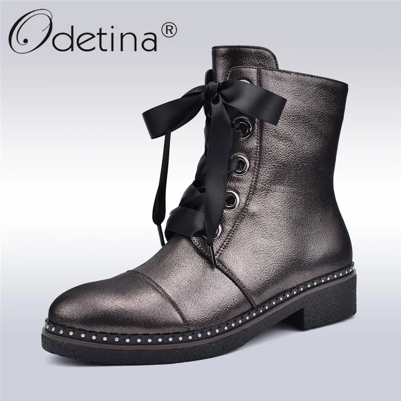 Odetina Riband Lace Up Martin Boots Women Fashion Boots Square Low Heels Side Zip Women Ankle Boots Casual Shoes Autumn Winter