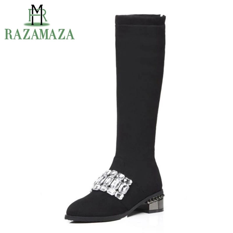 

RAZAMAZA Plus Size 32-48 Women Winter Flats Boots Fashion Crystal Fur Shoes Women Keep Warm Knee High Boots Zipper Footwear