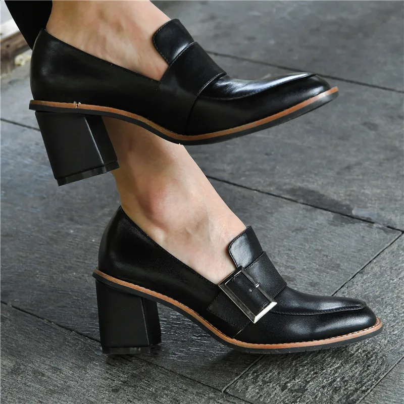 WETKISS/черные туфли-лодочки из натуральной кожи; женские офисные туфли на высоком толстом каблуке; Новинка года; туфли-лодочки; женская обувь с пряжкой в стиле ретро; сезон весна