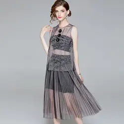 Комплект с юбкой летний женский сексуальный комплект из двух предметов модный перспективный сетчатый топ без рукавов с круглым вырезом +