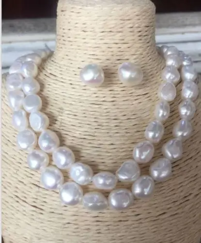 

double strands baroque south sea 11-12mm white pearl necklace18"19" &earring shipping free