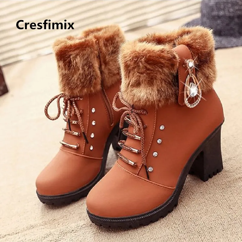 

Cresfimix Botas Femininas Women Cute High Quality Pu Leather Brown Short Martin Boots Lady Autumn & Winter Black Warm Boot C3297