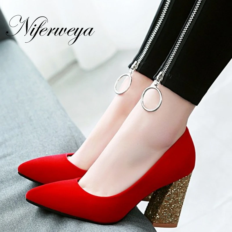 

Spring/autumn red women wedding shoes big size 32-45 Slip-On flock ladies pumps sexy thick heel high heels zapatos mujer