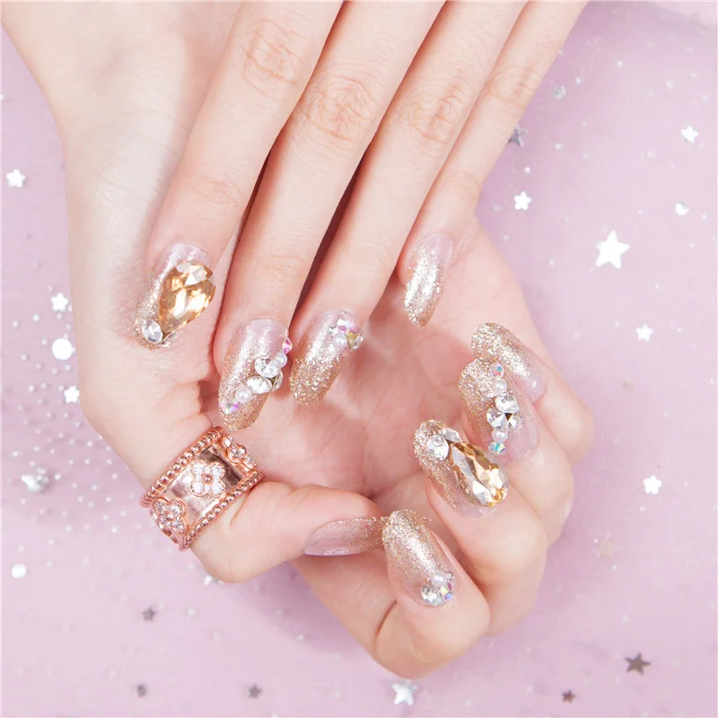 24 шт Европейский изысканный невесты носимые блестящие 3D Алмазные поддельные ногти розовый Декор Круглый длинный полный Чехол накладные ногти с клеем