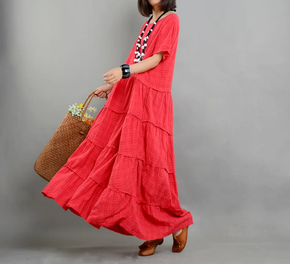 Женское летнее свободное клетчатое платье из хлопка и льна, свободное повседневное клетчатое платье с круглым вырезом и коротким рукавом, женское платье - Цвет: Красный