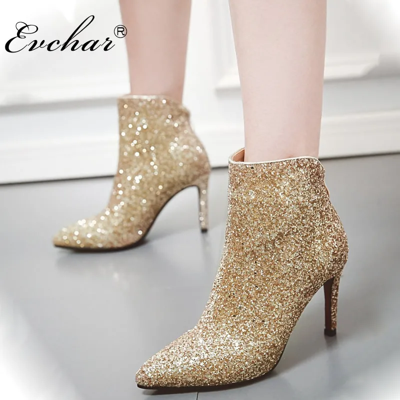 

EVCHAR new Bling glitter Sequined Ankle Boots Women thin super High Heels Shoes Woman Pointed toe Zipper Wedding shoes 34-43