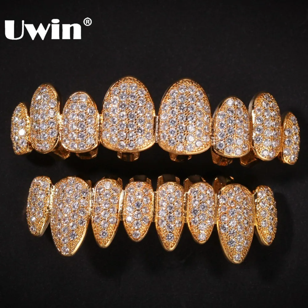 

UWIN Cubic Zirconia Grills Set Silver Gold Color Teeth Grills Hiphop Halloween Iced Out Top&Bottom Dental Grills Body Jewelry