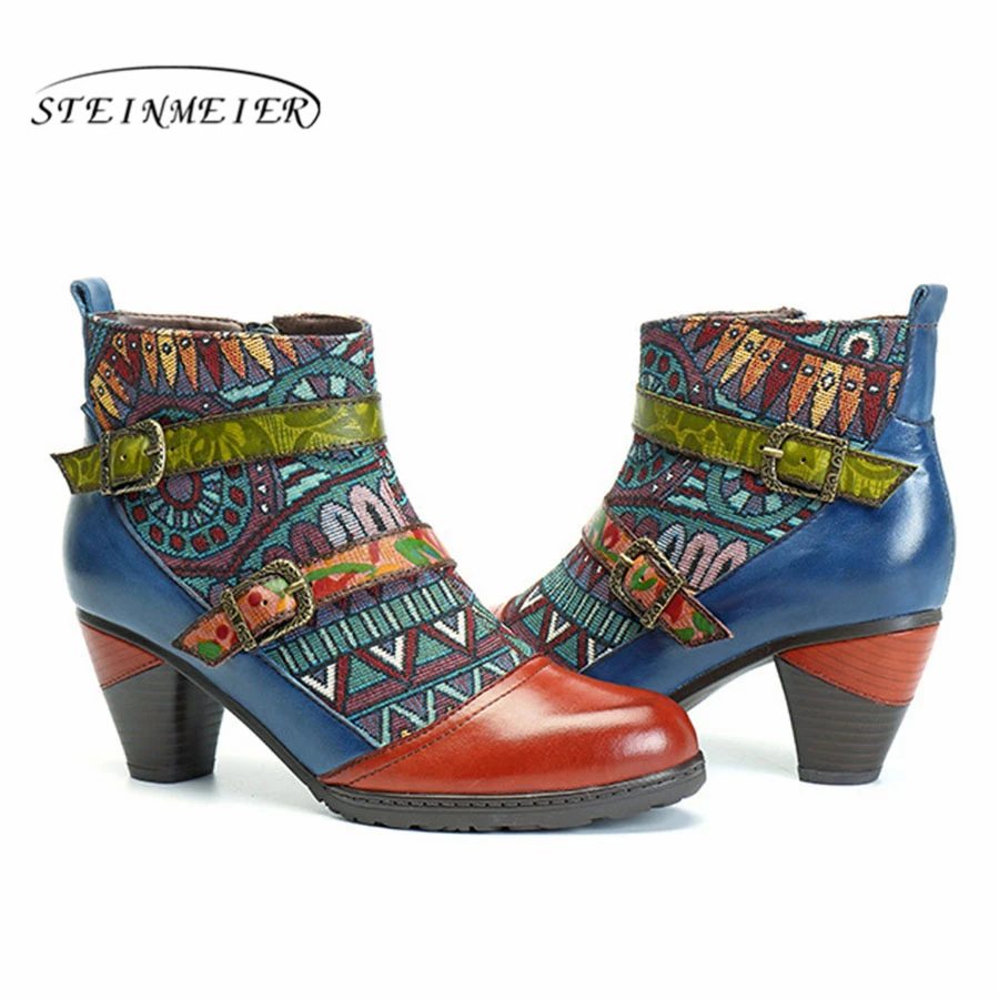 

Women winter Boots Genuine cow Leather High heel Ankle Comfortable quality soft Shoes Brand Designer Handmade blue 2019 spring