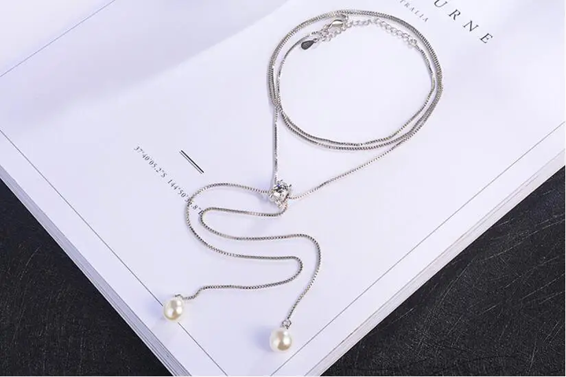 Anenjery простое модное 925 пробы Серебряное ожерелье циркониевое жемчужное Длинная цепочка под свитер ожерелье s для женщин чокер ожерелье S-N168