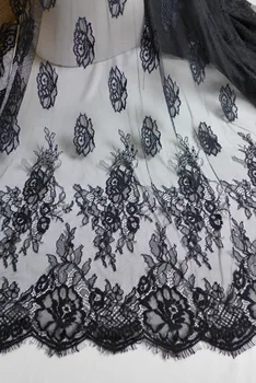 

3m/lot 150cm wide soft nylon tulle mesh eyelash lace fabric with floral in black wedding dress fabric