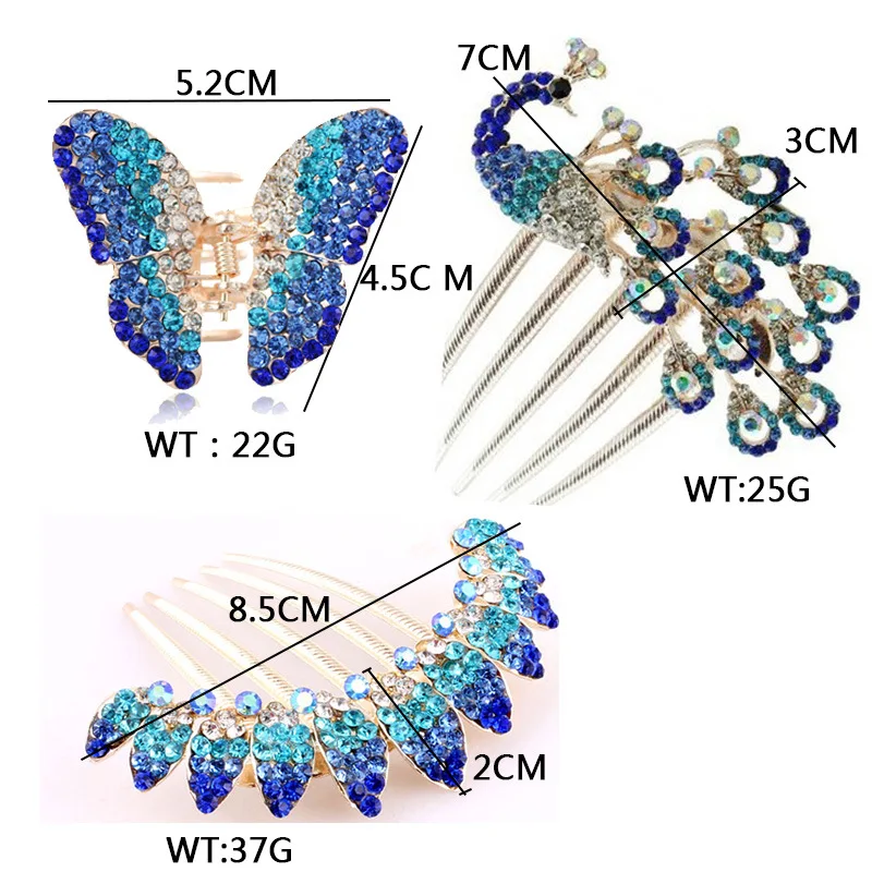 Винтажные синие хрустальные стразы, гребни для волос с павлином, заколки для волос с бабочкой, заколки для волос, головной убор, изысканные ювелирные изделия для волос для женщин