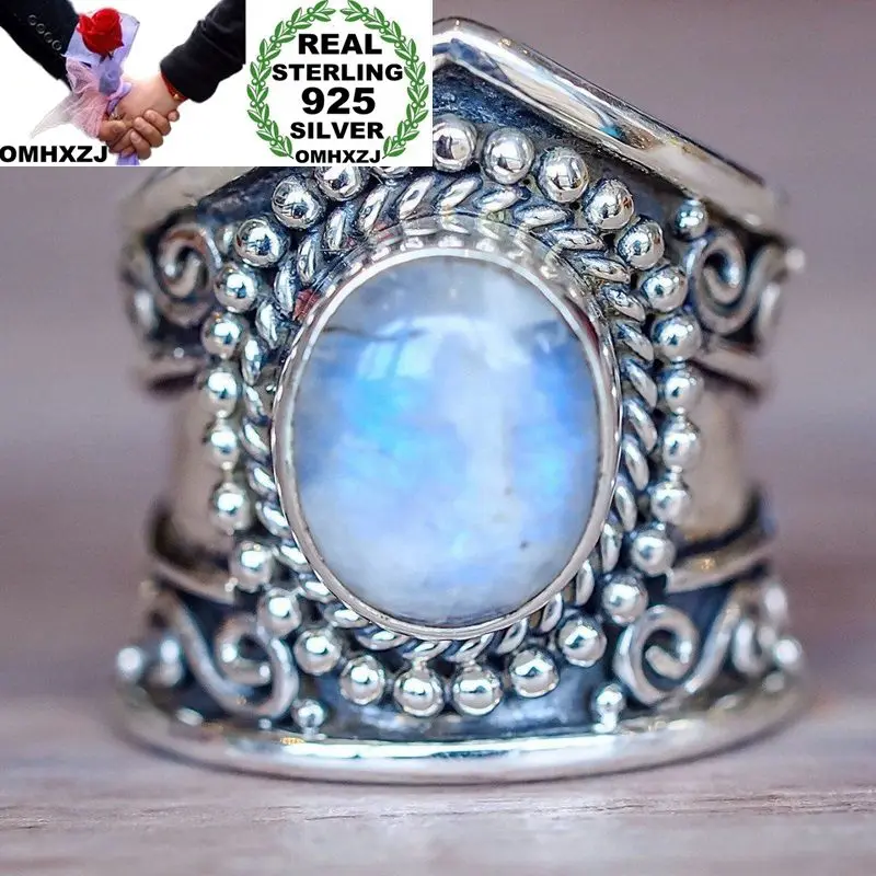 

OMHXZJ Wholesale European Fashion Woman Man Party Wedding Gift Silver Vintage Moonstone Black Agate Turquoise Taiyin Ring RR323