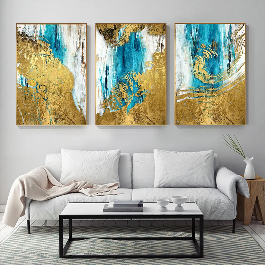 

Abstract Blue Gold Oil Painting Modern Hand Painted Light Luxury Posters and Prints Canvas Pop Art Picture for Living Room Decor