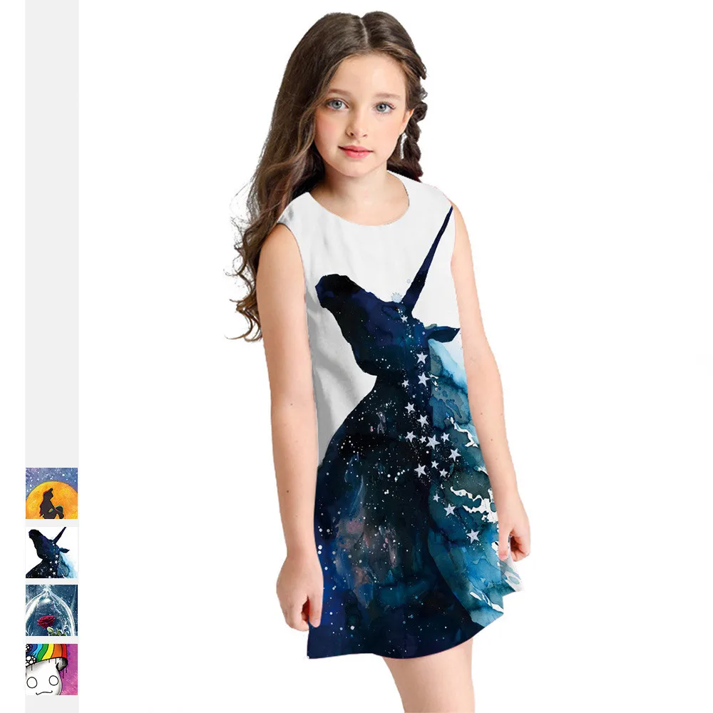 

Factory direct printing girls sleeveless dress fashion princess vest loose dress children's 3D Interstellar rose cartoon dress