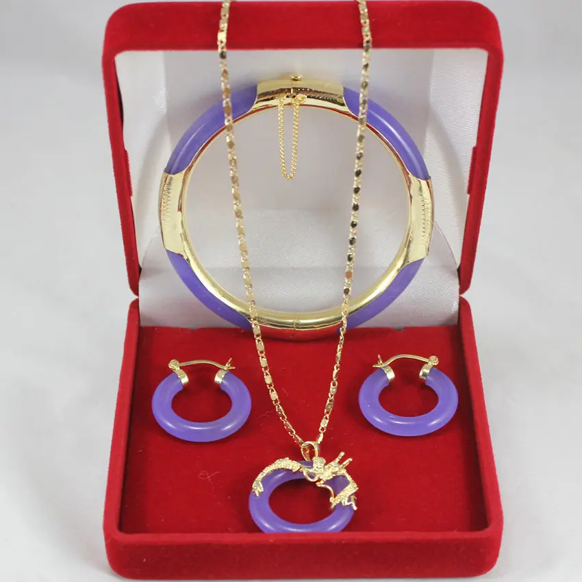 

HOT SELL - simple style 7.5" purple Jade bracelet, round earings and 18kgp dragon pendant for party and anniversary -Top quality