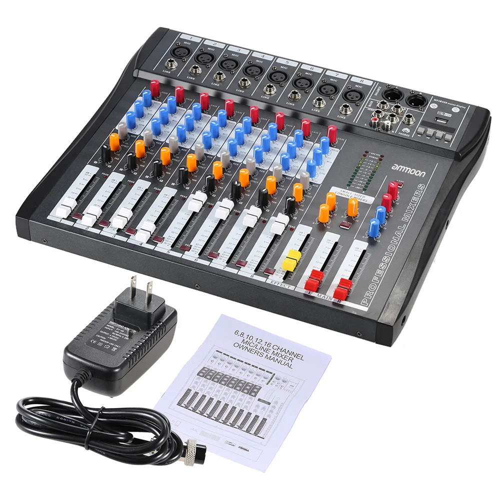 Ammoon CT80S-USB 8-канальный сетевой видеорегистратор цифровая линия для микрофона Аудио смешивания микшерный пульт с 48В Мощность для Запись DJ музыки
