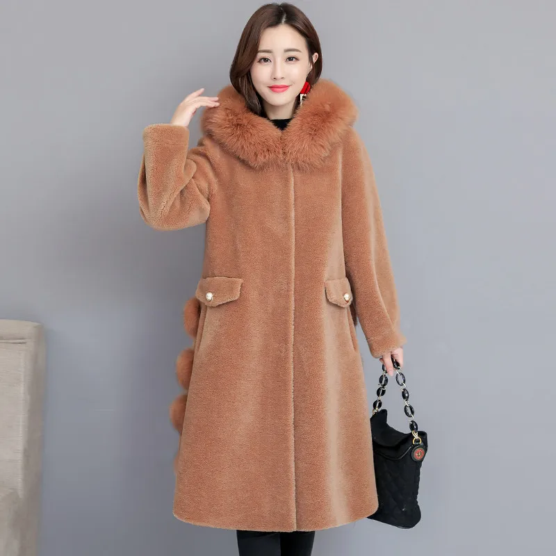 HANZANGL овечья стриженая куртка женская Новая зимняя женская меховая куртка лисий мех с капюшоном размера плюс меховые пальто шерстяное пальто M-4XL - Цвет: 3