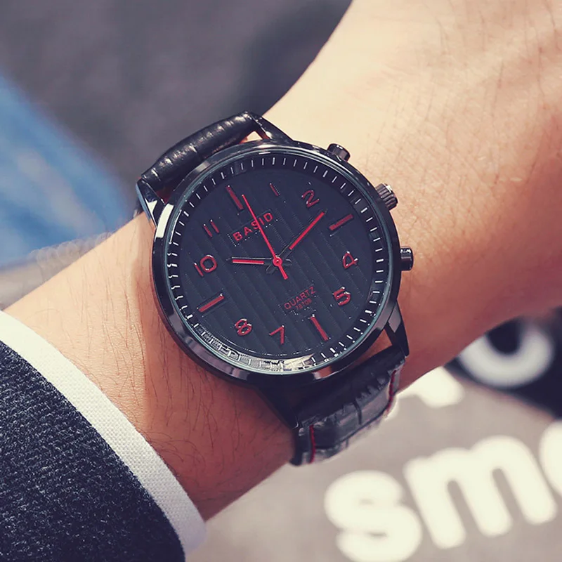 

BASID Quartz Watch Men In Box Business Fashion Watches Man Black Genuine Leather Wrist Watch Couple Lovers' Wristwatch For Male