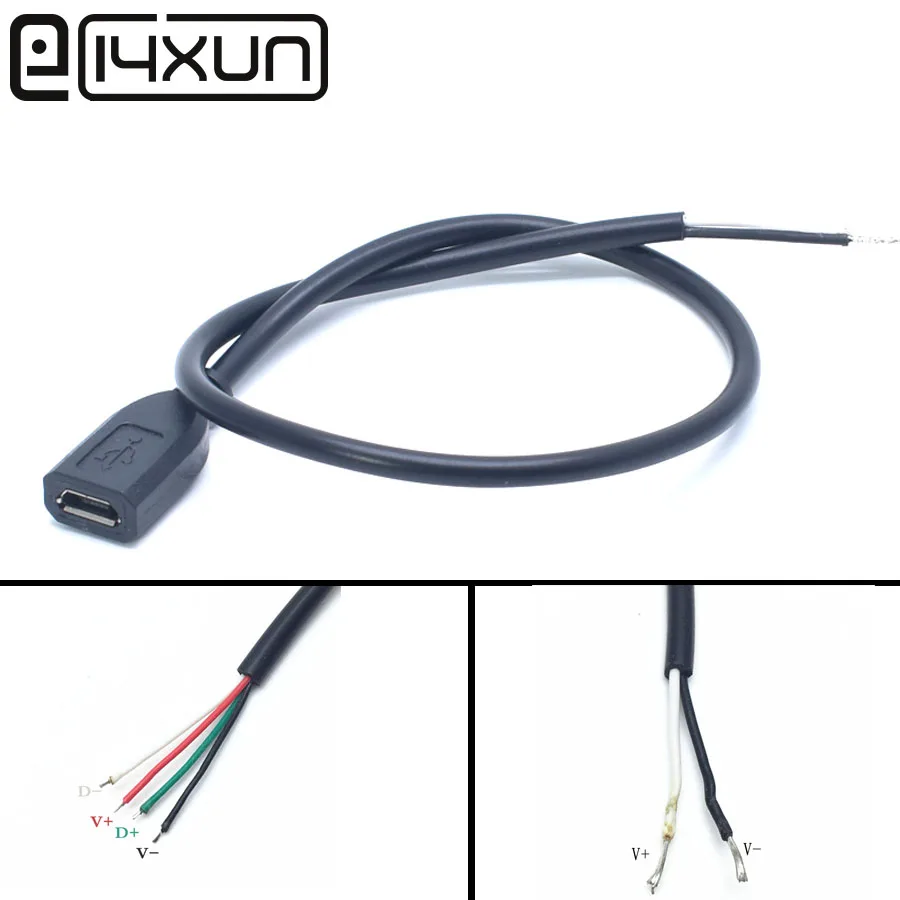 

50pcs Micro USB 2.0 A Female Jack Android interface 4 Pin 2 Pin 4 Wire Data Charge Cable Cord Connector DIY around 30cm