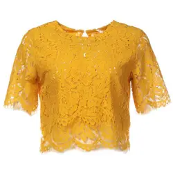 Короткий стиль Винтаж выдалбливают кружево Топы корректирующие пикантные прозрачные для женщин блузки для малышек желтый розовы