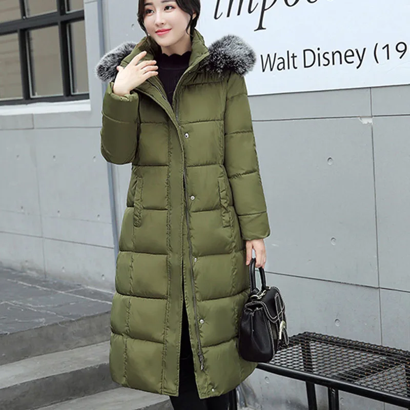 VANGULL теплые зимние однотонные женские парки, новинка, Длинная женская повседневная куртка, пальто с капюшоном на молнии, плотные пальто, верхняя одежда с меховым воротником - Цвет: Army Green
